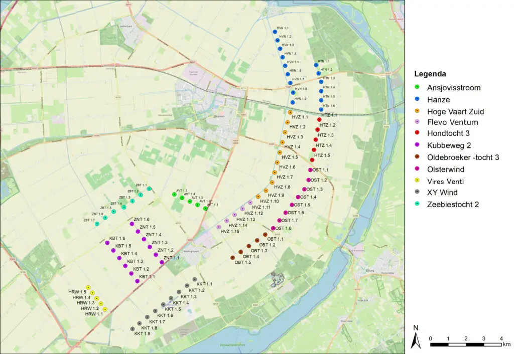 Geographical overview of the wind farm Groen and the included wind turbines.