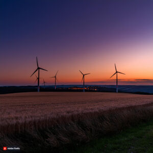 Im Vordergrund ein Windpark mit Windrädern im Sonnenuntergang. Im Hintergrund ist ein Dorf