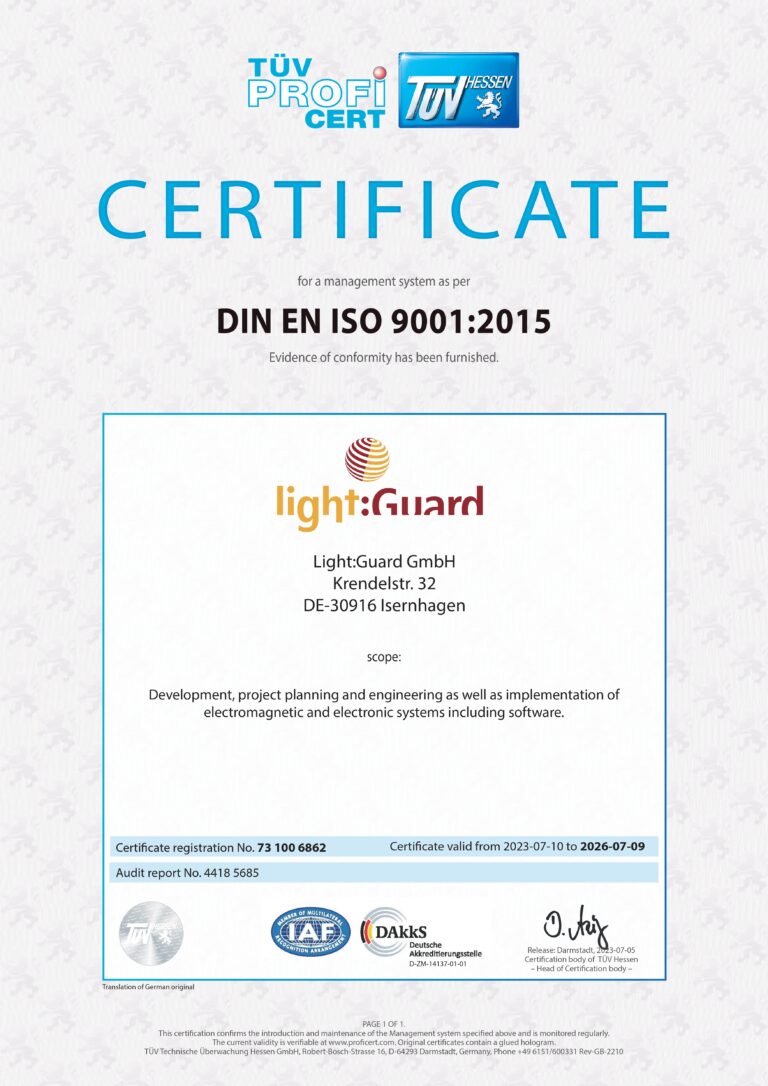 Certificate ISO 9001 for LightGuard GmbH