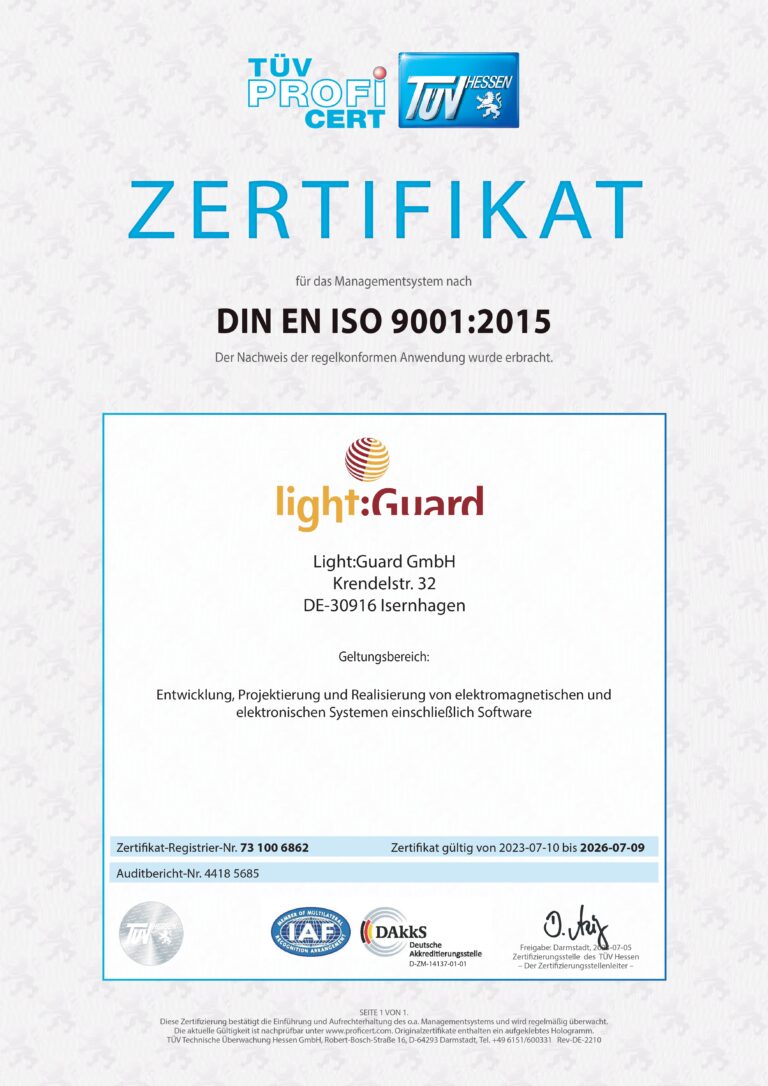 ISO 9001 Zertifikat der Light:Guard GmbH
