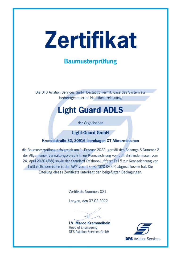 Baumusterprüfungszertifikat der Light:Guard GmbH