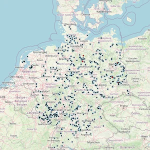 Screenshot einer Deutschlandkarte, auf der die Transponderempfänger der Light:Guard GmbH als Punkte eingezeichnet sind